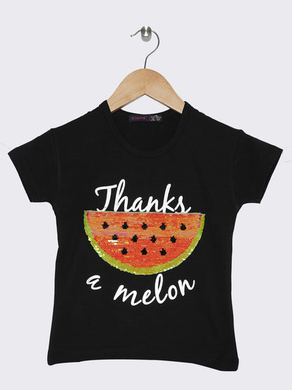 Pampolina Girls Printed Round Neck Top- Black