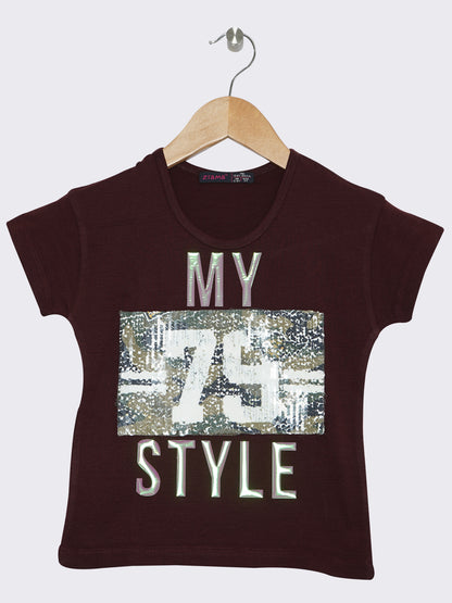 Pampolina Girls Half Sleeve Embellished Printed Top-Wine
