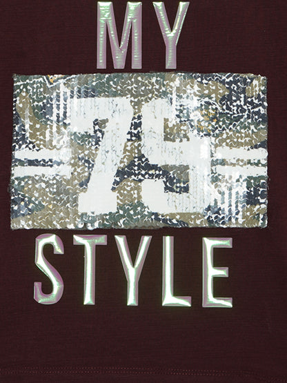 Pampolina Girls Half Sleeve Embellished Printed Top-Wine