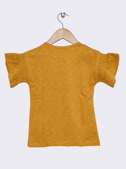Pampolina Girls Half Sleeve Printed Top With Puffed Sleeve-Mustard