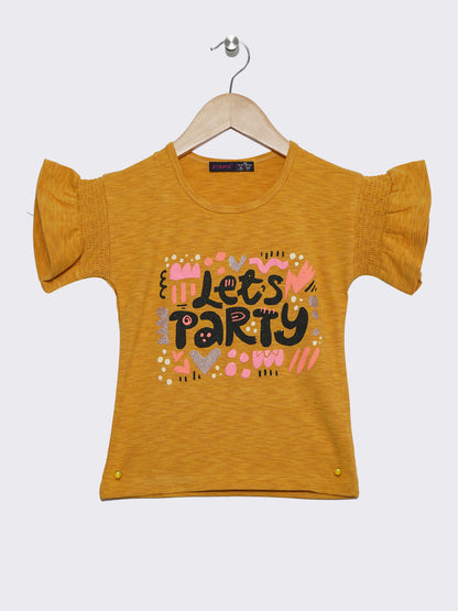 Pampolina Girls Half Sleeve Printed Top With Puffed Sleeve-Mustard