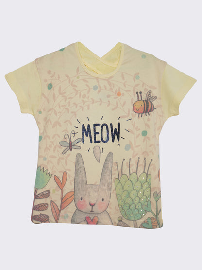 Pampolina Girls  Half Sleeve Cat Printed Top-Off White