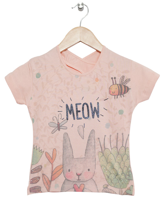 Pampolina   Girls  Half Sleeve Cat Printed Top-Peach