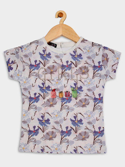 Pampolina  Girls All Over Floral Printed Round Neck Top- White