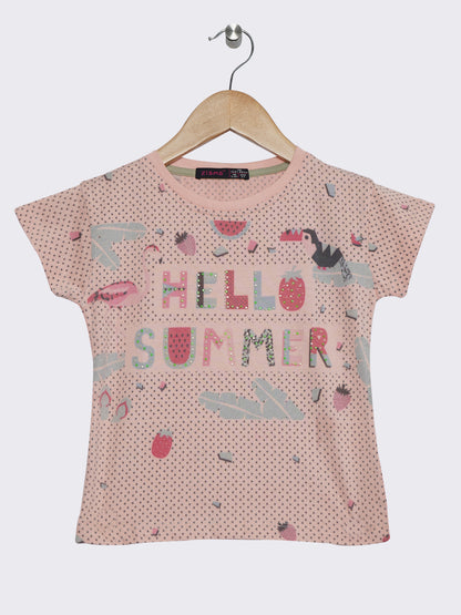 Pampolina Girls Half Sleeve Printed Top-Peach