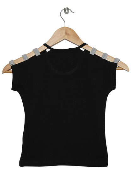 Pampolina Girls Printed Round Neck Cold Shoulder Top- Black