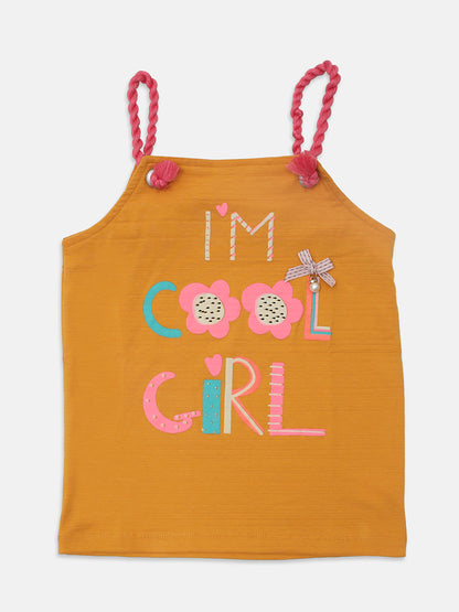 Pampolina  Girls Printed Top With Cold Shoulder-Mustard