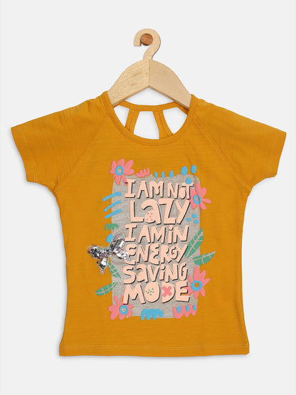 Pampolina Girls Printed Back Cut Printed Top-Mustard
