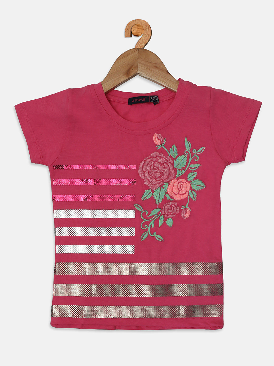 Ziama Girls Stylish Sequence Embroidery Printed Top-Pink