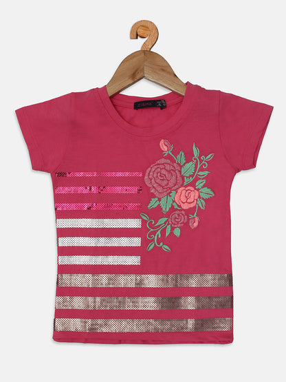 Ziama Girls Stylish Sequence Embroidery Printed Top-Pink