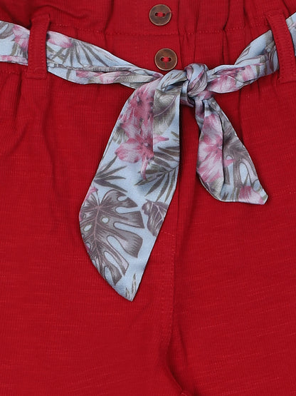 Ziama Girls Solid Stylish Capri With Belt-Red