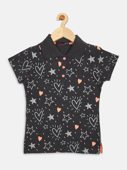 Pampolina Girls Heart Printed Polo T Shirt -Anthra