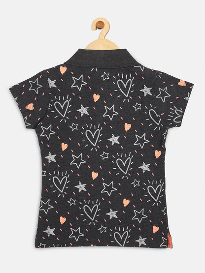 Pampolina Girls Heart Printed Polo T Shirt -Anthra