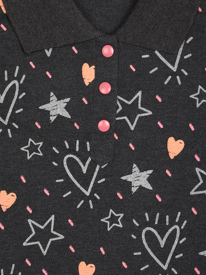 Pampolina Girls Heart Printed Polo T Shirt -Anthra